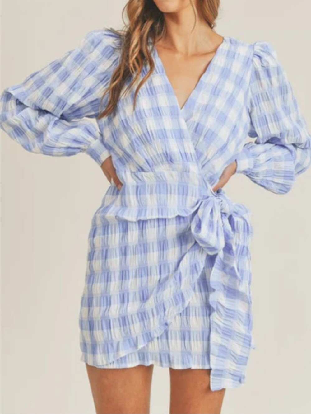 Light Blue Gingham Wrap Mini Dress